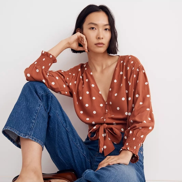 Madewell Tie-Front Top Orange Polka-dot Size 4 - Picture 4 of 6